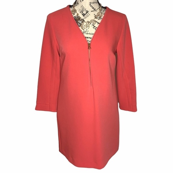 Zara Basic Coral Zip Front 3/4 Sleeve Shift Knee Length Dress Size S - Picture 3 of 12